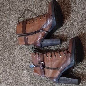 Heel boots by Guess size 6.5 women's brown leather lace stappers zip up